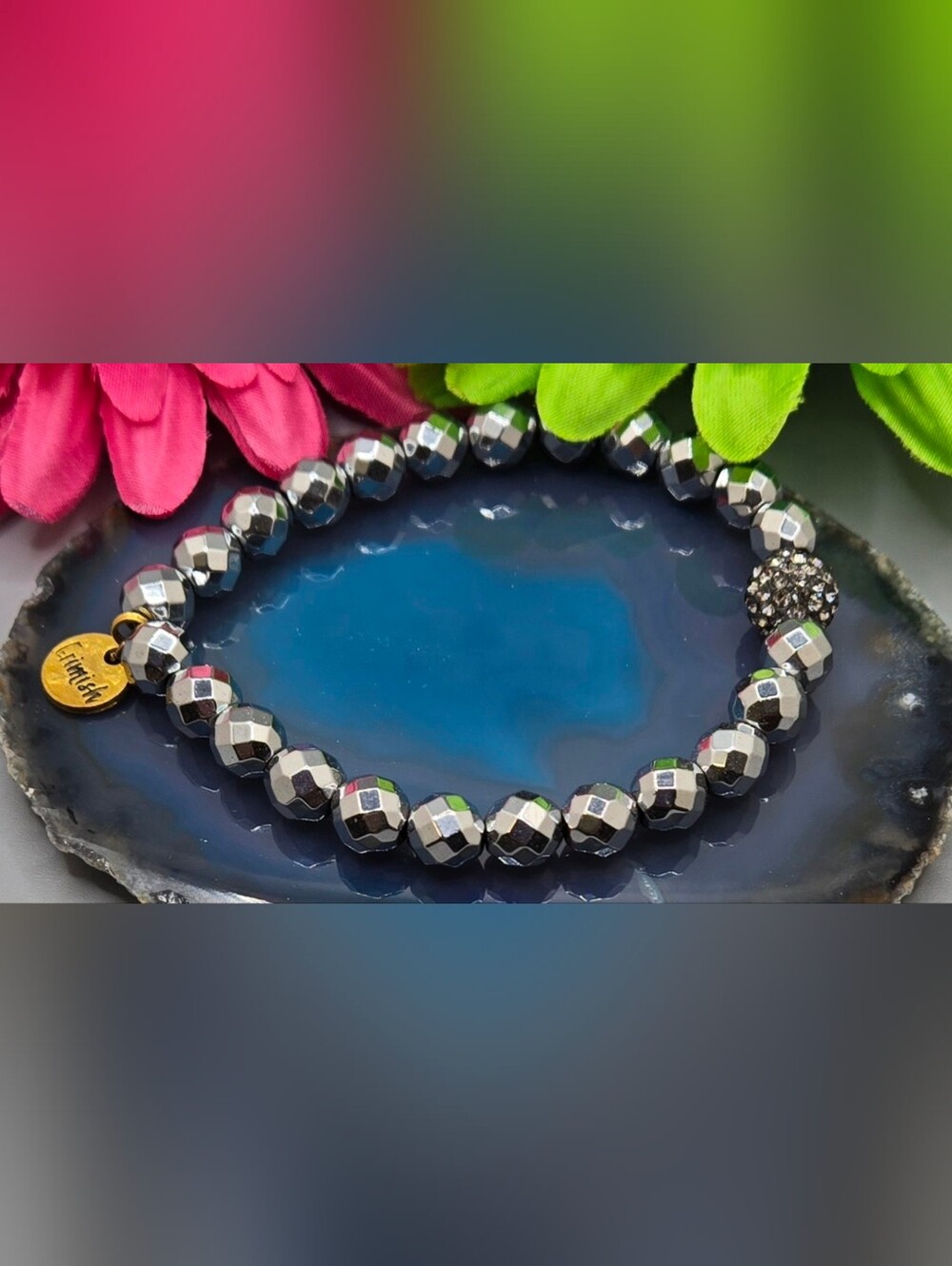 Erimish Shiny Silver Tone Faceted Bead Bracelet w/ Pavé Crystal Accent Bead